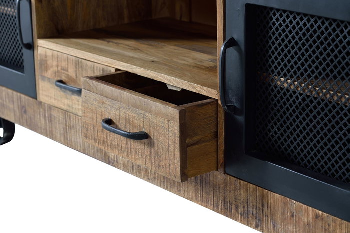 GINER Y COLOMER Meuble TV industriel en bois de manguier et métal, couleur naturel - 150 x 60 x 38 cm, structure en bois massif avec portes métal, finition artisanale